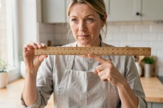 Femme tenant une règle en bois et pointant la mesure d'un demi-pouce pour illustrer la conversion en centimètres