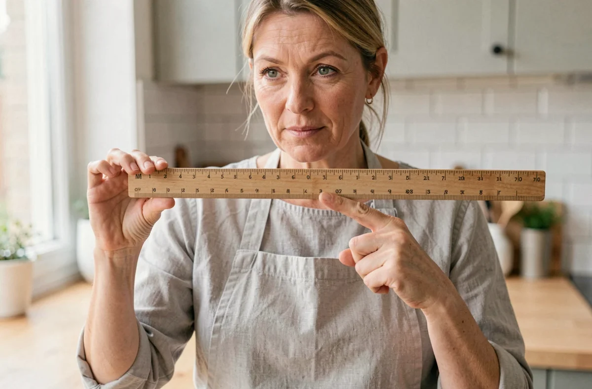 Femme tenant une règle en bois et pointant la mesure d'un demi-pouce pour illustrer la conversion en centimètres