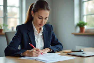 Femme relisant attentivement son CV à son bureau pour corriger les fautes d'orthographe