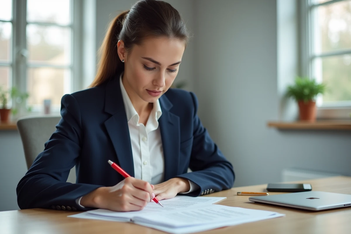 Femme relisant attentivement son CV à son bureau pour corriger les fautes d'orthographe