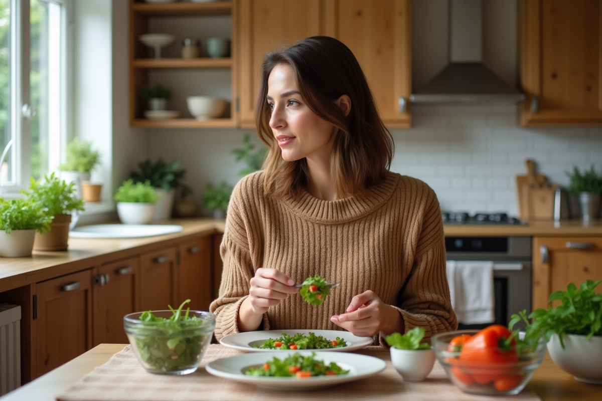 Femme dégustant une salade dans une cuisine chaleureuse