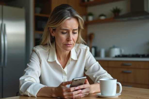 Femme d'âge moyen regardant son smartphone dans la cuisine