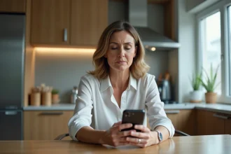 Femme d'âge moyen utilisant son smartphone à la maison