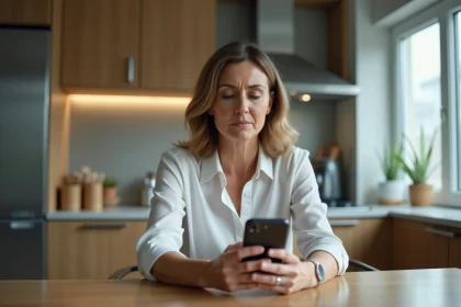 Femme d'âge moyen utilisant son smartphone à la maison