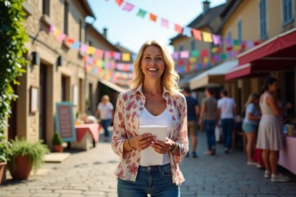 Femme souriante en blouse florale dans un village d'Aveyron