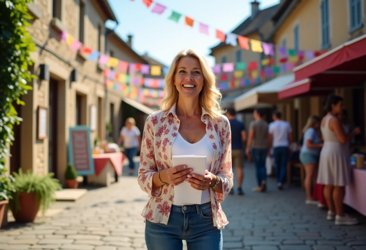 Femme souriante en blouse florale dans un village d'Aveyron
