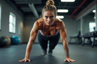 Femme sportive en action faisant des mountain climbers en salle