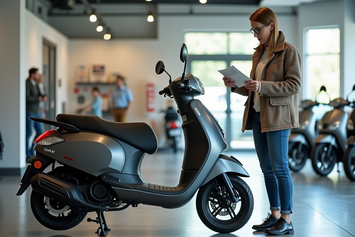 Femme regarde une moto Dax 50cc dans un showroom lumineux
