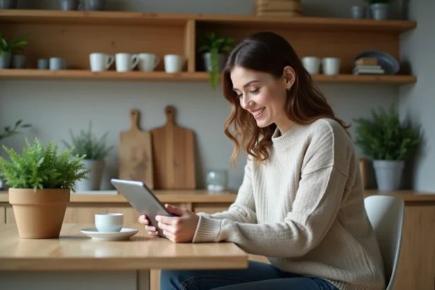 Femme assise à la table de cuisine avec tablette