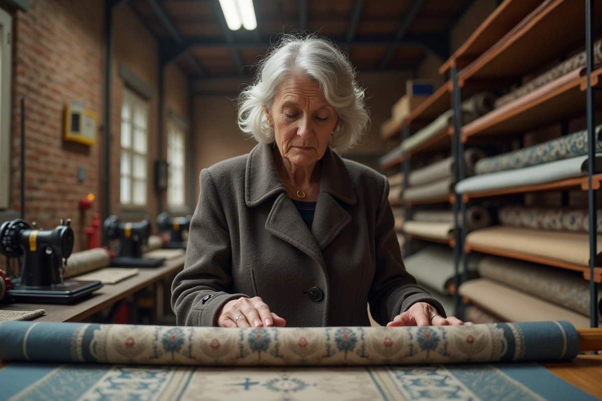Femme française inspectant des tissus dans un atelier textile traditionnel