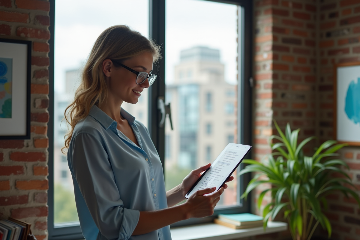 Femme portant des lunettes utilisant une tablette pour la fiscalité