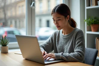 Femme utilisant un chat GPT gratuit sur son ordinateur portable dans un bureau à domicile moderne