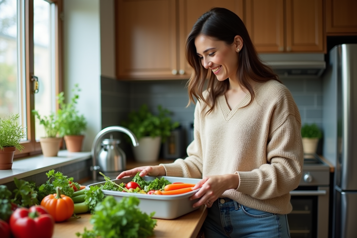 Femme arrangeant des légumes dans des contenants réutilisables