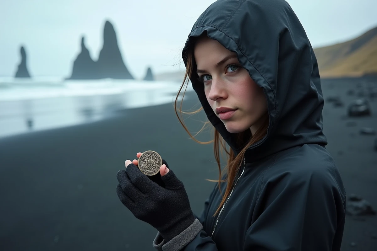 Jeune femme avec vegvisir sur plage de sable noir