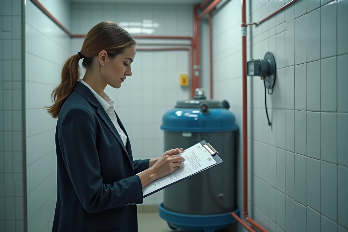 Femme en tenue décontractée contrôlant une pompe dans un local technique