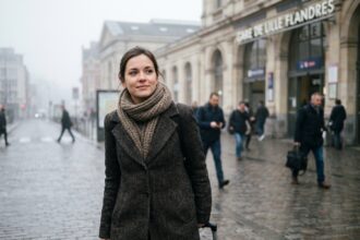 Jeune femme professionnelle devant la gare de Lille