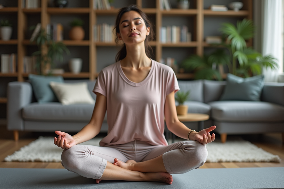 Femme méditant en yoga dans un salon moderne et paisible