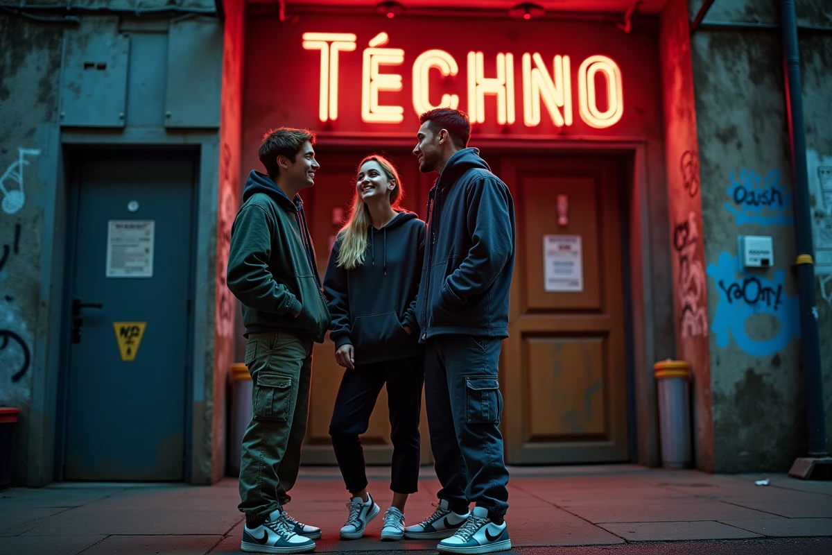 Groupe de jeunes festivaliers devant l'entrée d'un club techno industriel en France, culture électronique hexagonale 2026