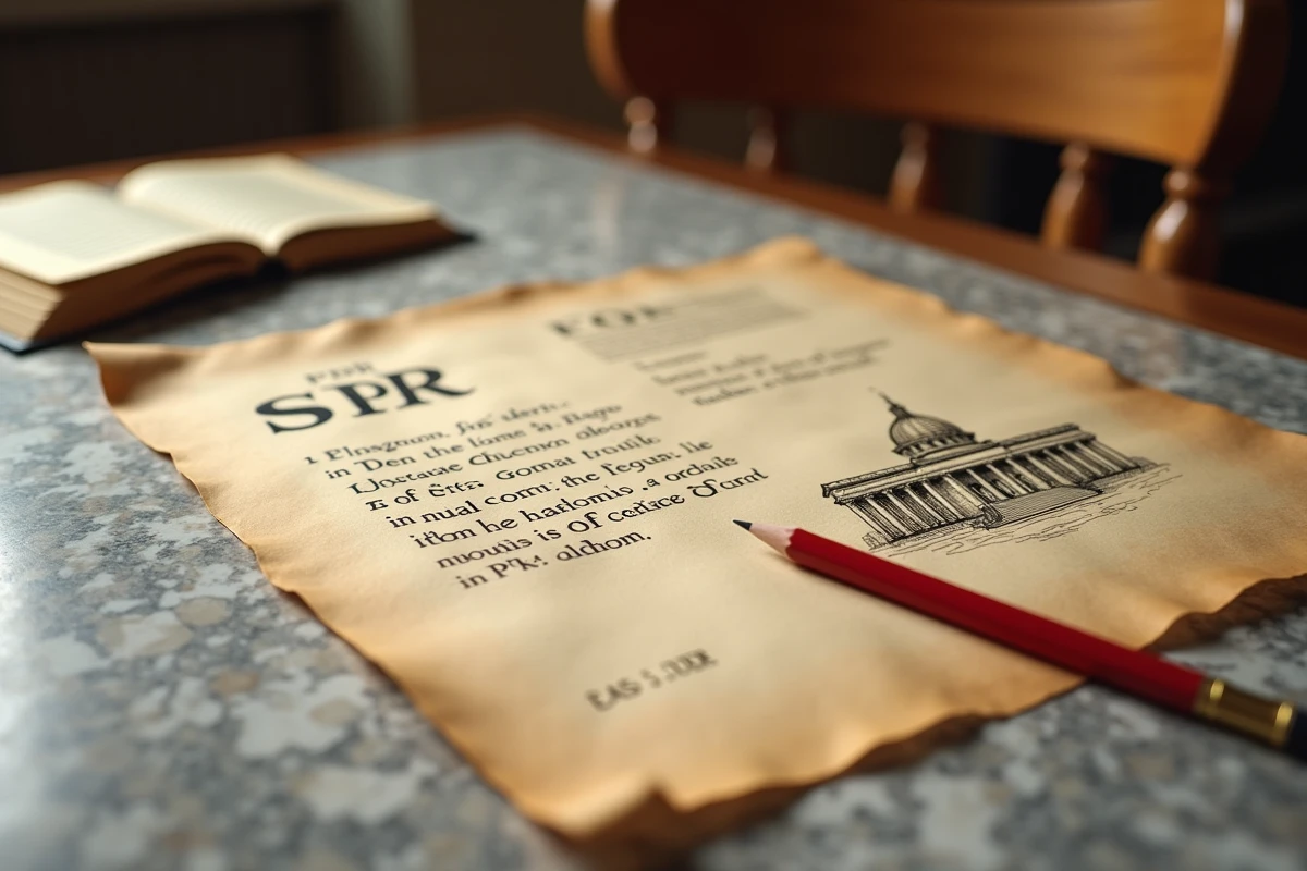 Fiche de révision manuscrite sur le SPQR avec des symboles romains, le Sénat et l'aigle impérial, sur une surface de marbre