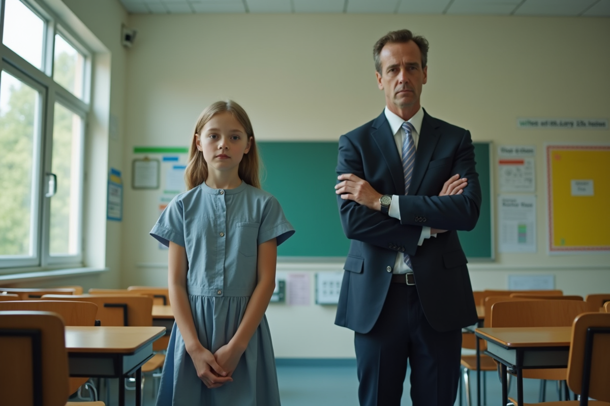 Fille en robe dans une classe avec un homme en costume