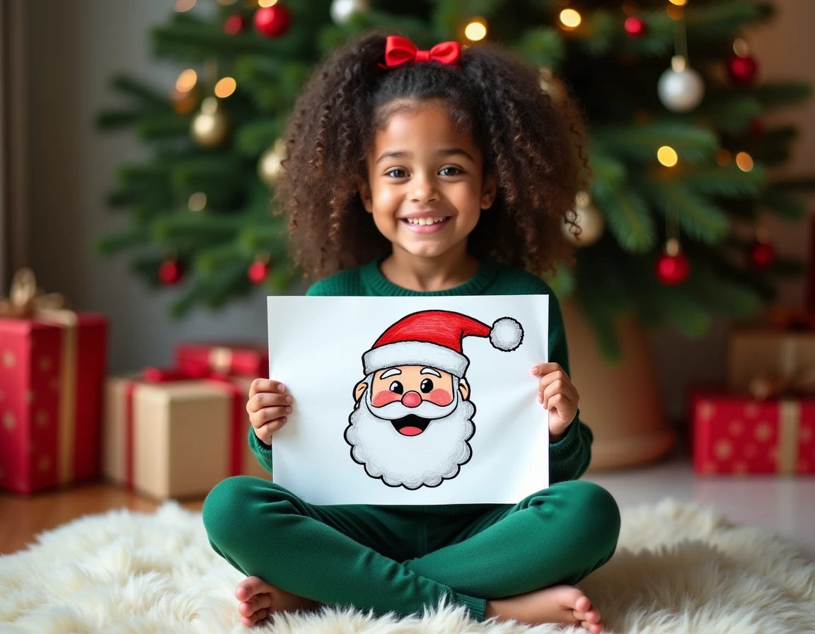 Petite fille souriant et tenant fièrement un dessin de Noël coloré représentant un Père Noël près d'un sapin décoré
