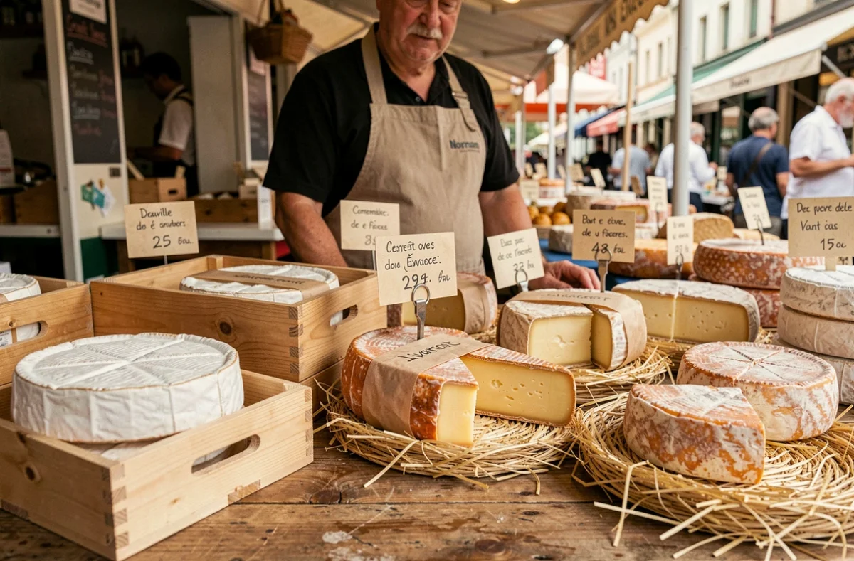 Étal de fromages normands au marché de Deauville avec camembert, livarot et pont-l'évêque