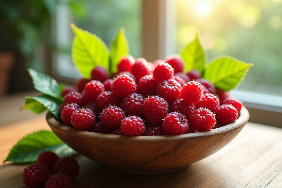 Belles boules de fruits endrin dans un bol en bois sur une table lumineuse