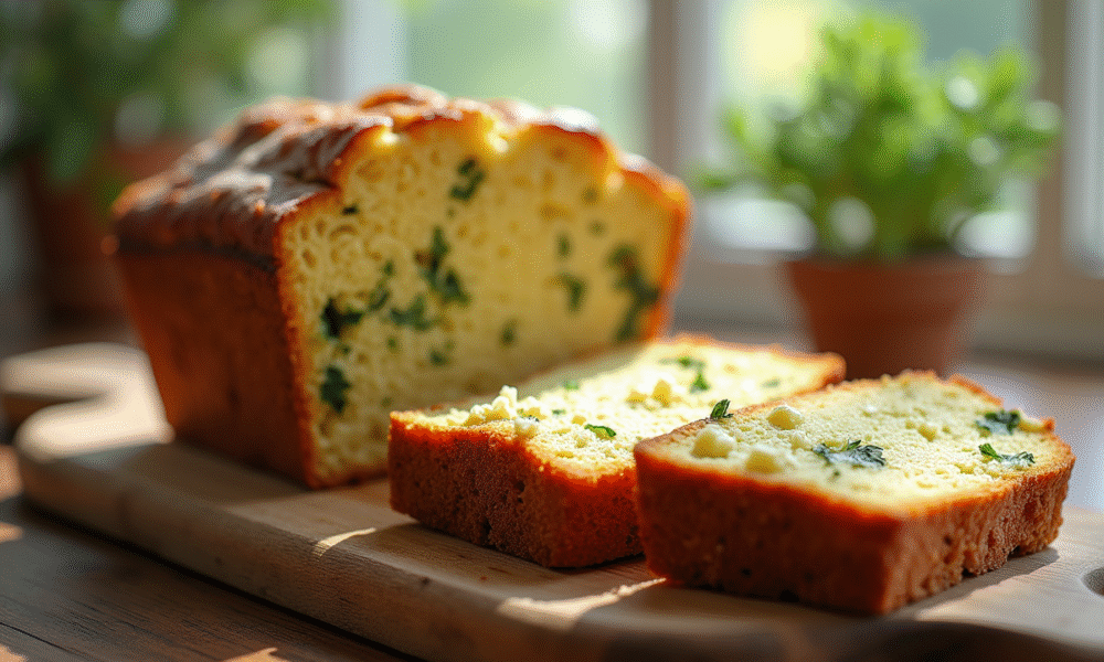 Gâteau de courgette et feta tranché sur planche en bois