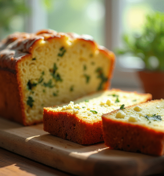 Gâteau de courgette et feta tranché sur planche en bois