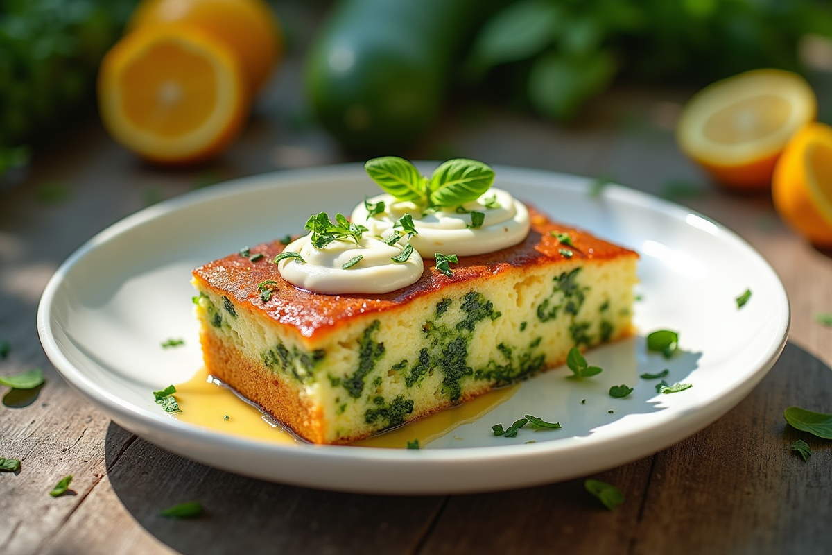 Gâteau de courgette et feta servi sur assiette en extérieur