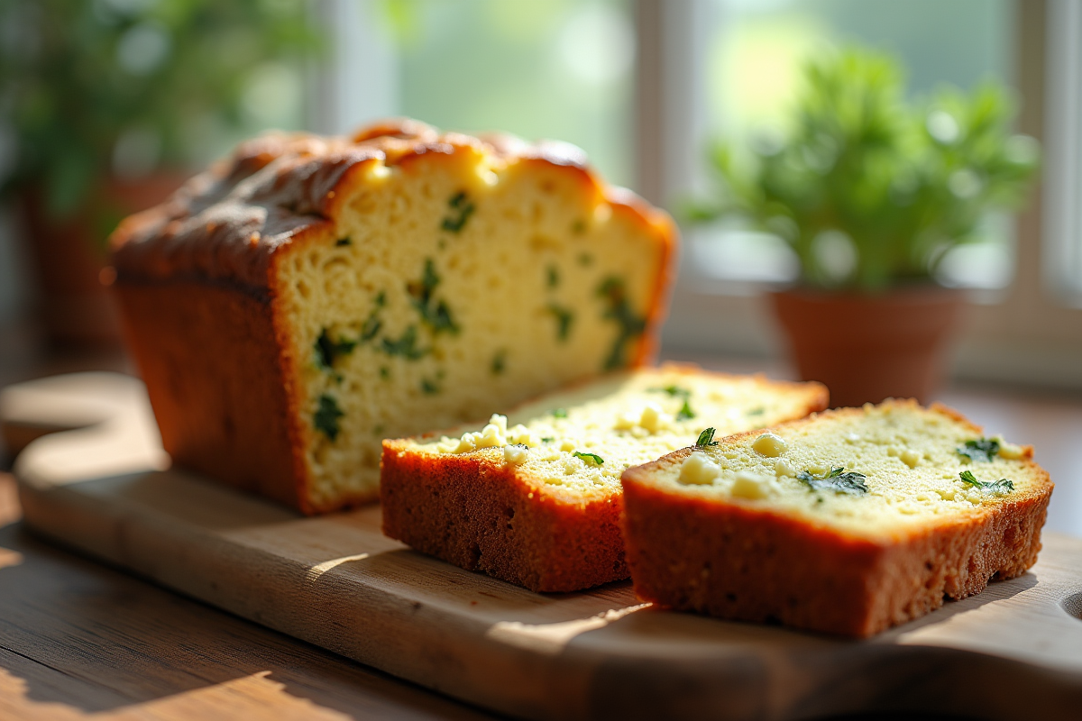 Gâteau de courgette et feta tranché sur planche en bois