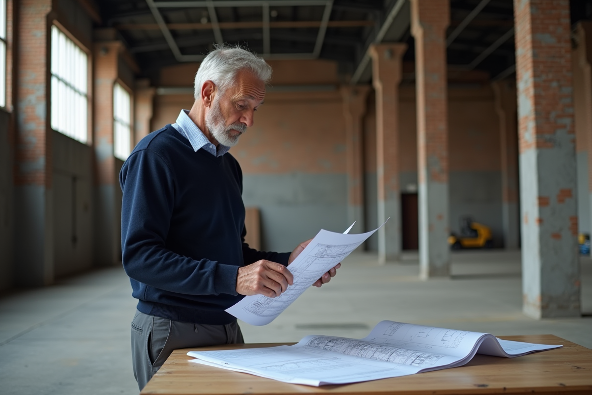Homme gestionnaire examinant des plans dans un entrepôt industriel