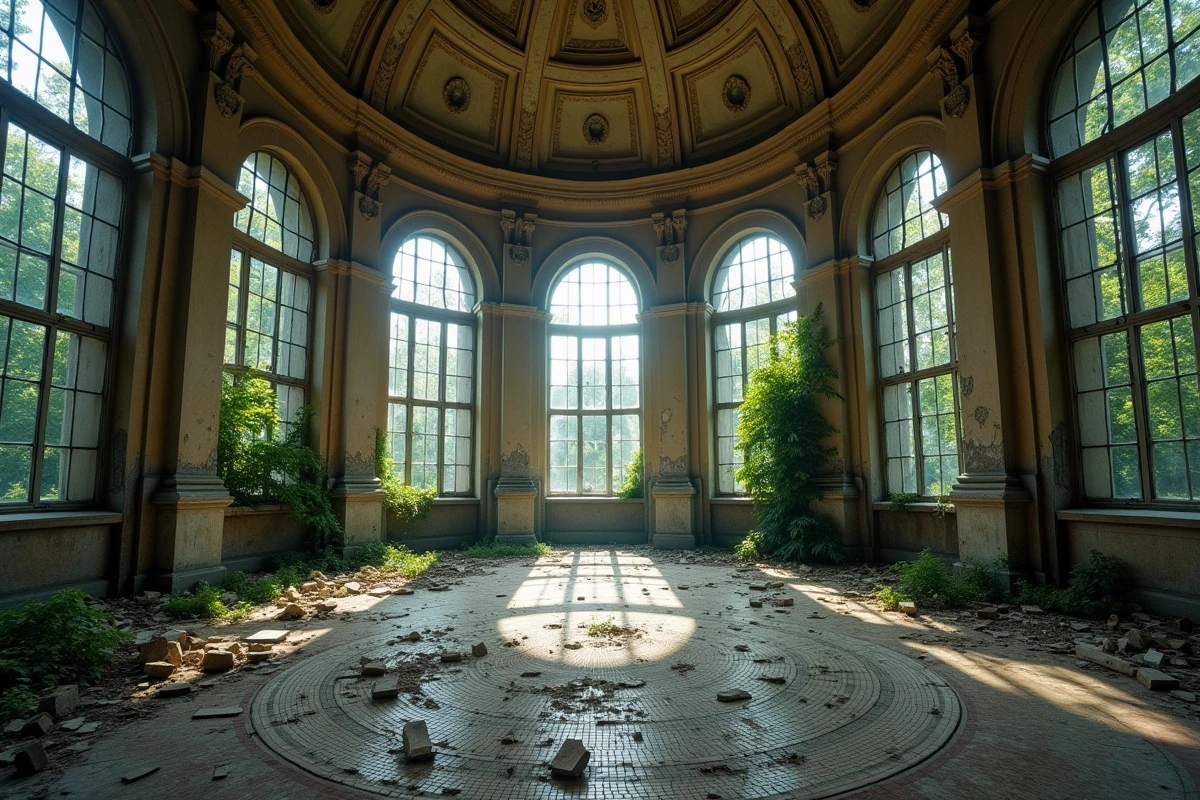 Grande salle centrale en ruine d'un hôpital psychiatrique abandonné avec dôme effondré et fenêtres barreaudées envahies par la végétation