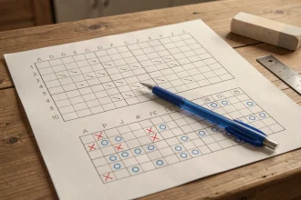 Grille de bataille navale dessinée à la main sur papier quadrillé avec coordonnées lettres et chiffres, stylo bleu et règle posés sur une table en bois