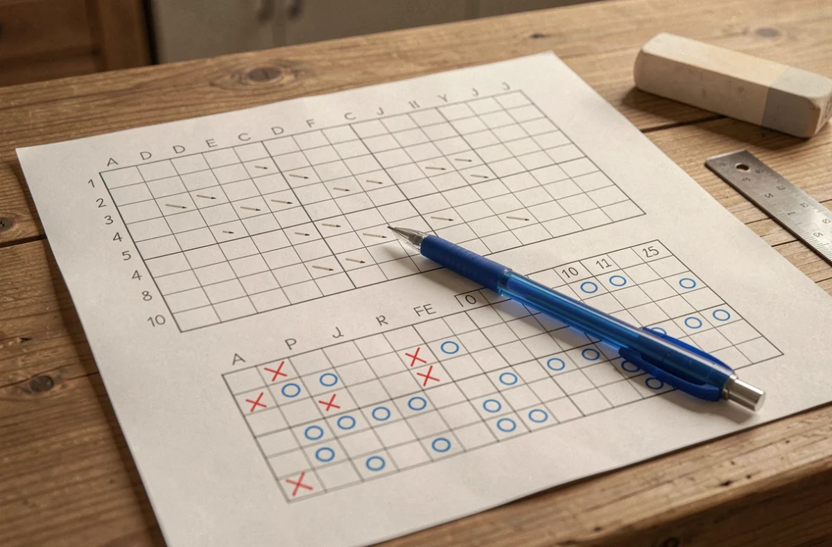 Grille de bataille navale dessinée à la main sur papier quadrillé avec coordonnées lettres et chiffres, stylo bleu et règle posés sur une table en bois