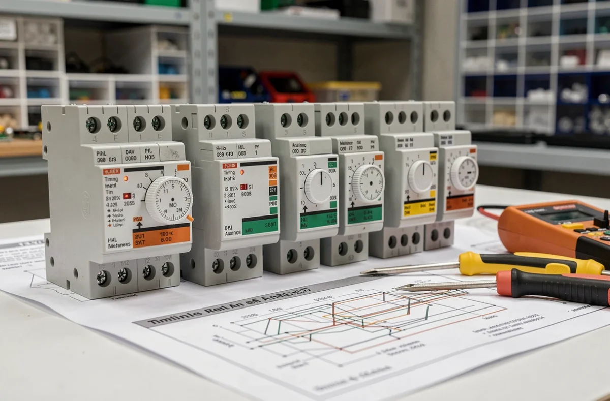 Gros plan sur plusieurs relais temporisés modulaires posés sur un établi avec documentation technique