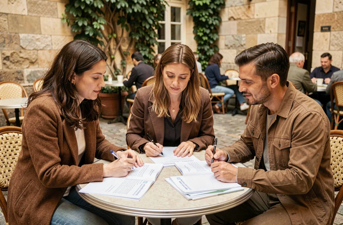 Groupe d'adultes francophones étudiant ensemble la sourate Al Mulk en français dans une cour parisienne