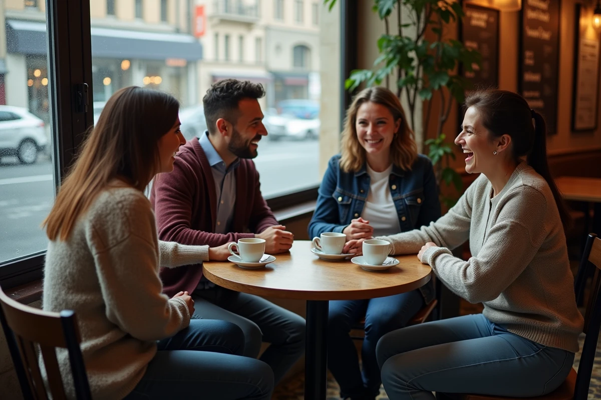 Groupe d'amis adultes riant ensemble autour d'un café en réaction à une blague d'humour noir bien dosée