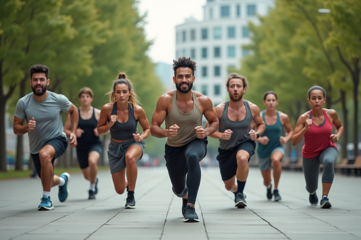 Groupe divers de personnes faisant des burpees dans un parc urbain