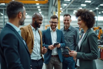 Groupe d adultes autour d un bras robotique industriel