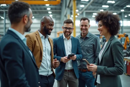 Groupe d adultes autour d un bras robotique industriel