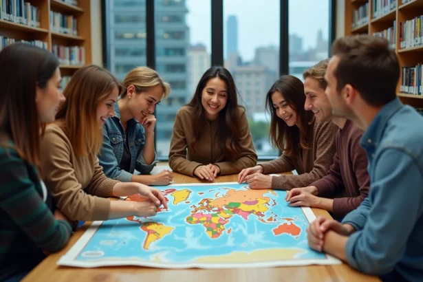 Groupe diversifié autour d'une carte du monde dans une bibliothèque