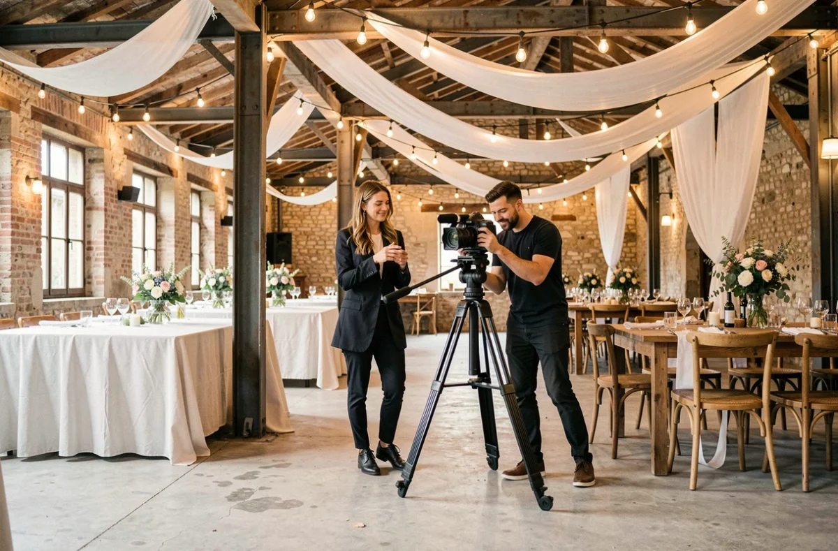 L'équipe Hidden-iD Photography préparant leur matériel pour une session photo lors d'un mariage dans une salle de réception rénovée