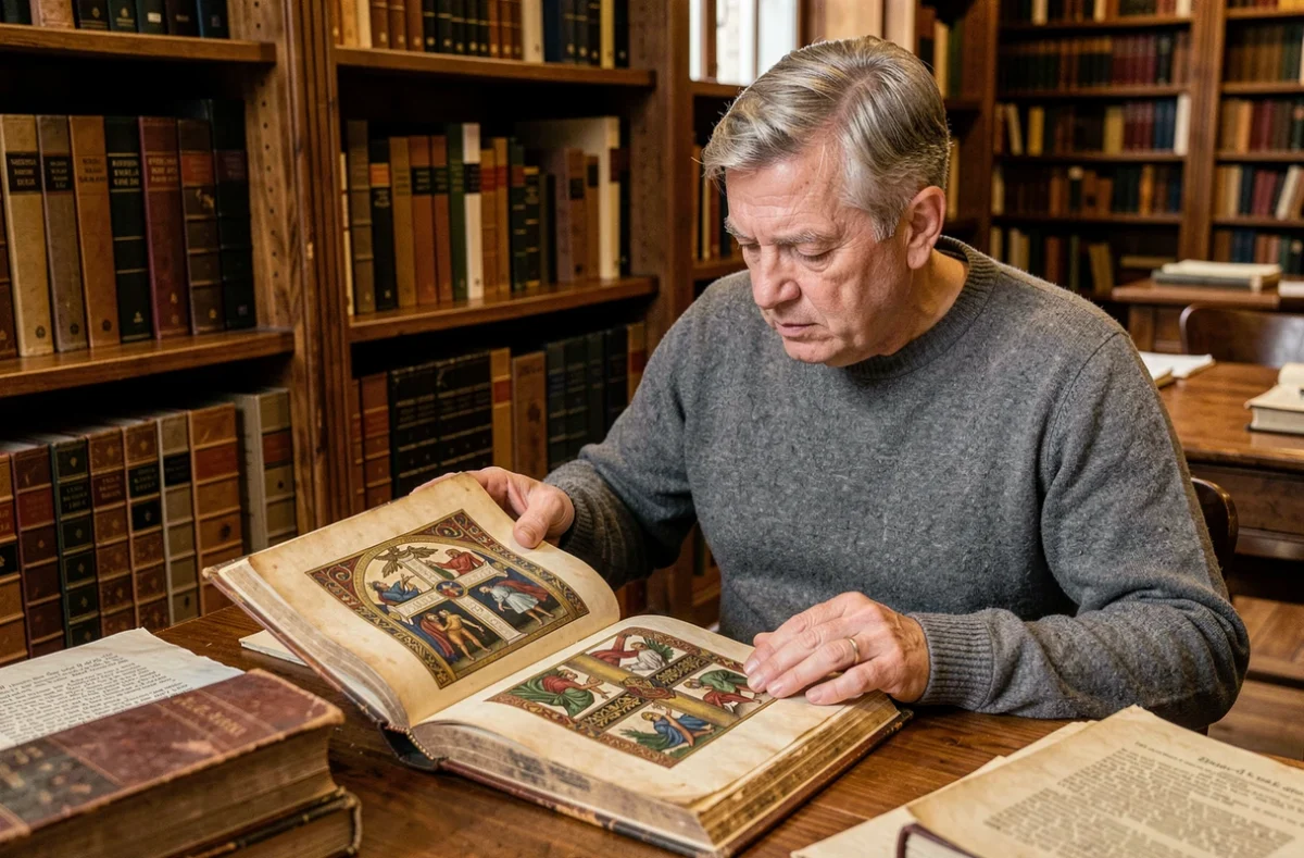 Historien examinant un manuscrit enluminé médiéval représentant la Croix de Lorraine dans une bibliothèque ancienne