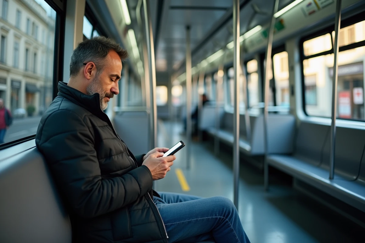 Homme utilisant une application de plan tram TBM sur smartphone à bord d'un tramway de Bordeaux
