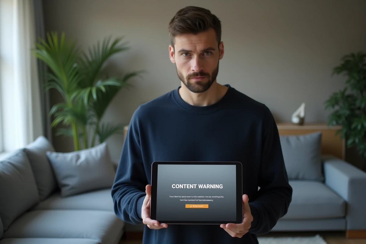 Homme adulte regardant un écran d'avertissement de contenu sur une tablette dans un salon moderne