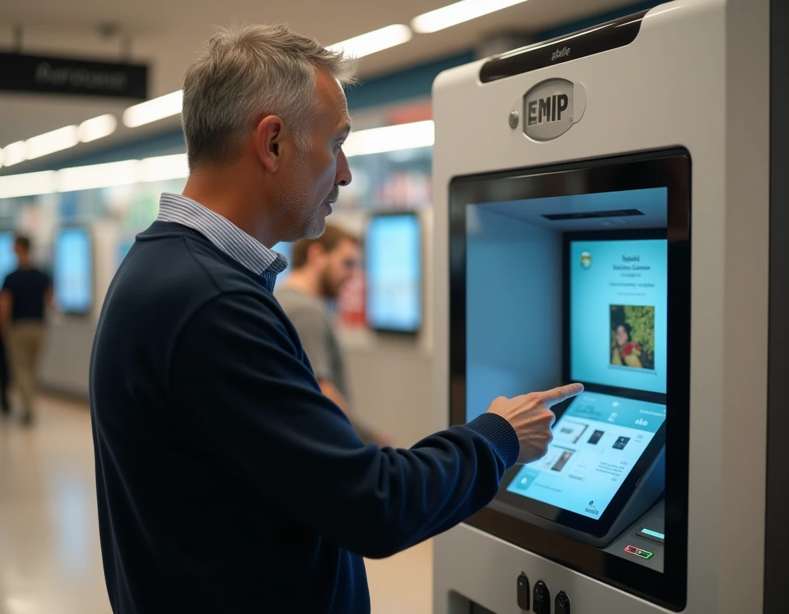 Homme utilisant une borne photomaton en bureau de poste pour réaliser des photos d'identité e-photo ANTS