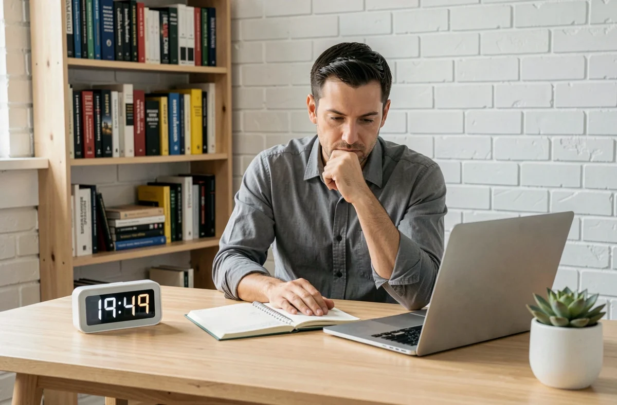 Homme assis à son bureau à domicile contemplant une horloge digitale affichant 14h41, entouré d'outils de planification professionnelle