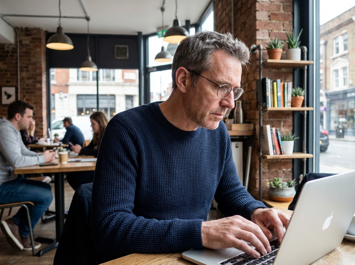 Homme travaillant sur son ordinateur dans un café urbain