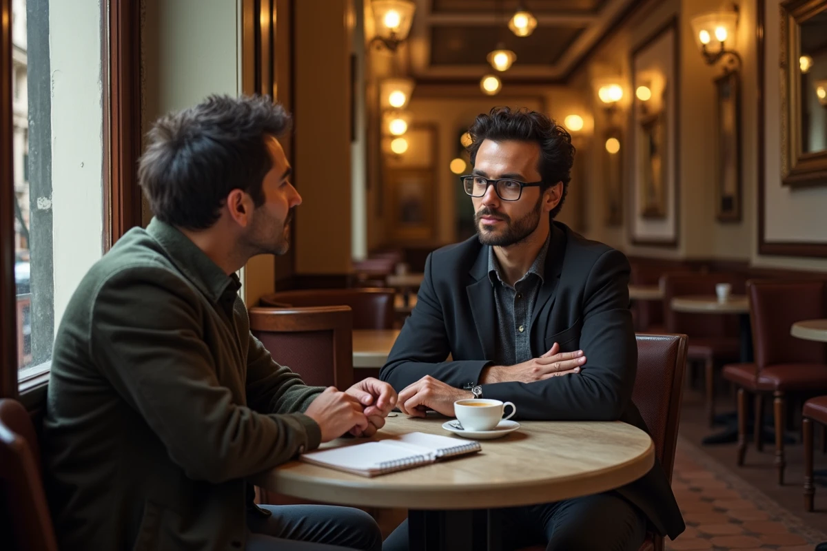 Homme discutant dans un café parisien traditionnel, symbolisant la réflexion sur ses origines culturelles et son identité personnelle
